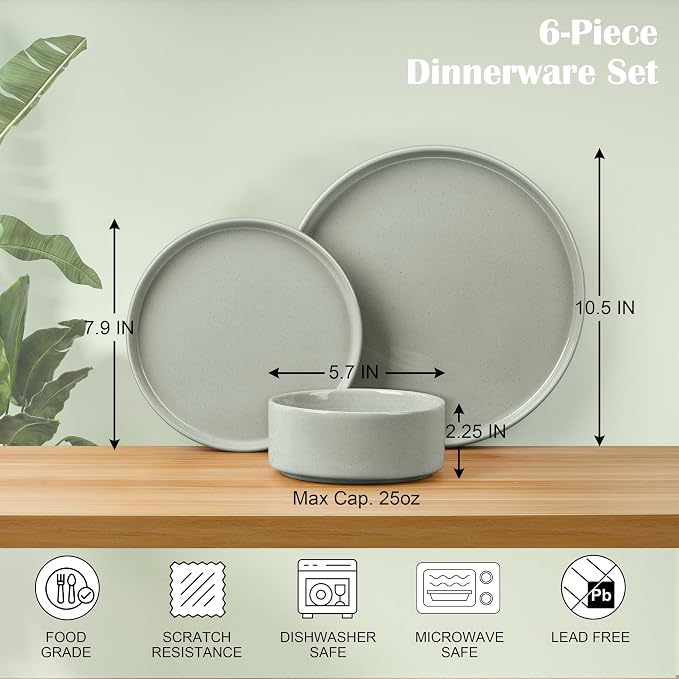 E-far 6-Piece Stoneware Dinnerware Sets, Plates and Bowls Set for 2, Green | Kitchen Modern Dishes Set for Everyday & Formal, Chip and Scratch Resistant, Microwave & Dishwasher Safe, Speckled Green