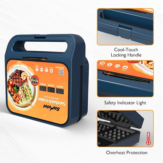 3 in 1 Electric Sandwich Maker with Removable Nonstick Plates - 1000W,Blue | for Belgian Waffle/Panini/Grill/Pancake Griddle/Breakfast,Dishwasher Safe,Cool Touch Handle,Easy to Clean & Store