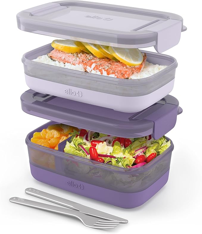 Ello Lunch Stack Bento Box Plastic Food Containers, 2 Pack, Wisteria | Leakproof bento box food containers, 2 pack. BPA-free, great for meal prepping, school & office lunches, and leftovers.