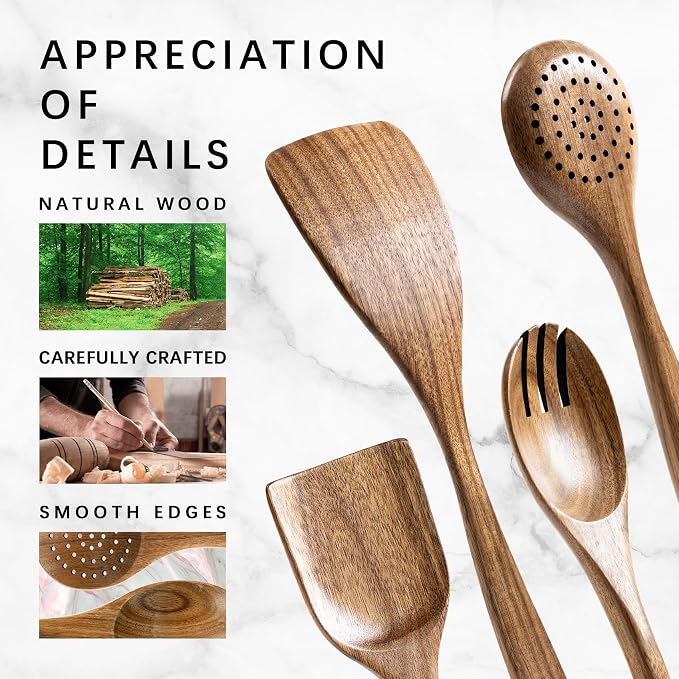 Wooden Spoons for Cooking, 4-Piece Acacia Wood Cooking Utensil Set | Spoons and spatulas stir, mix, flip and serve; balanced handles offer control while staying gentle on nonstick cookware.