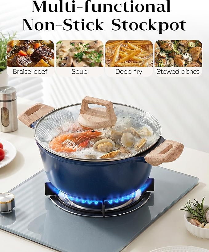 FDN Titanium Ceramic Cooking Pot with Lid, Pfos & Pfoa Free Nonstick Stock Pot, Large Soup Pot, Big Pots for Cooking, Multipurpose Cookware, Ollas Antiadherentes Para Cocinar, Cacerolas, Blue