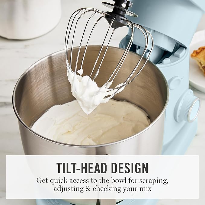 Martha Stewart 5.3QT Tilt Head Stand Mixer, 12 Speeds, Stainless Steel Bowl | Dough Hook, Stainless Whisk, Beater, Removable Splash Shield, Bread, Cake & Whipping, Electric Kitchen Mixer, Sky Blue