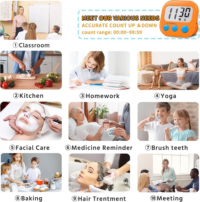 Timer for Kids Digital Kitchen Timers for Cooking- 4 Pack Orange Green | Countdown Timer for Classroom Study Exercise Teacher Supplies, Strong Magnetic, Loud Alarm, Large Screen, Fast Reset, Memory