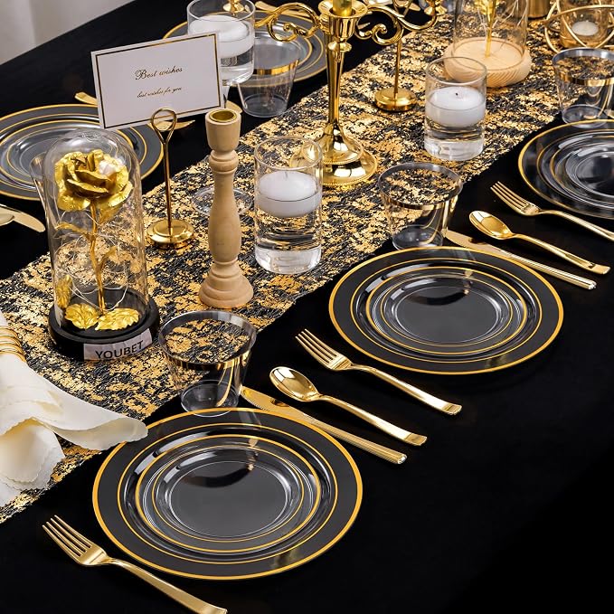 WELLIFE 600pc Gold Trim Plastic Dinnerware Set for Party: 100 Dinner Plates, 100 Dessert Plates, 300 Cutlery, 100 cups