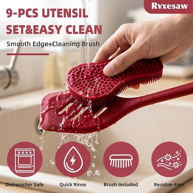 Kitchen Utensils Set,9 PCS Silicone Cooking Utensils Set Spatula Set,Cooking Utensils Tool,Tongs,Spoon,Whisk,Brush,Dishwasher Safe Kitchen Gadgets for Non-Stick Cookware,Home Essential(Red)