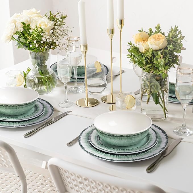Melamine Dinnerware Set of 18 Pcs Dinner Dishes Set, Lightweight Unbreakable for Indoor and Outdoor Use, BPA Free, Dishwasher Safe, Sage Green