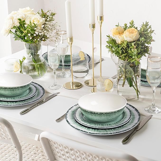 Melamine Dinnerware Set of 12 Pcs Dinner Dishes Set for Indoor and Outdoor Use, Dishwasher Safe, Lightweight Unbreakable, BPA Free, Sage Green