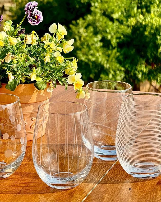 Etched Stemless Wine Glasses for Red or White Wine (Set of 4), 18-Ounces, Large Wine Glasses for Cabernet, Pinot Noir, Burgundy, Bordeaux, Clear, Etched