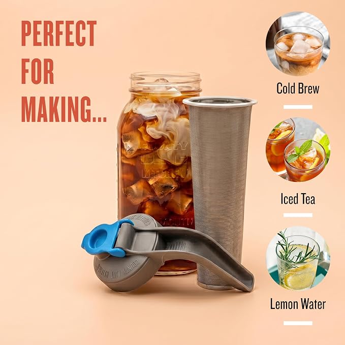 County Line Kitchen 64oz Cold Brew Coffee Maker with Leak Proof Lid - Gray | Glass Cold Brew Coffee Maker - Wide Mouth Mason Jar, Stainless Steel Filter & Leak-Proof Lid (64 oz)