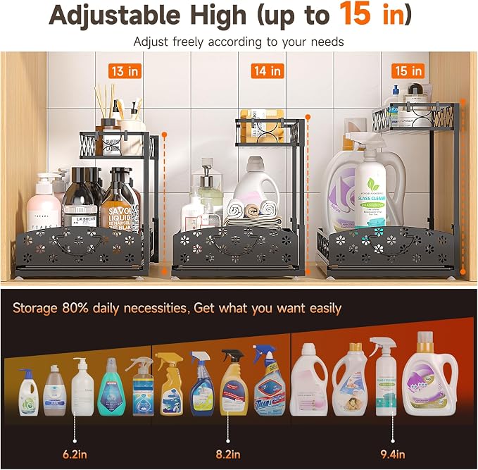 2-Pack 2-Tier Height Adjustable Under Sink Organizer & Storage | Multi-purpose storage for kitchen & bathroom cabinet. Extra Large metal shelf, height adjustable design for space-saving.