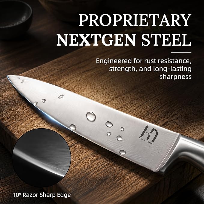 KnifeSaga Kitchen Knife Set with Block and Detachable Sharpener | 8-Piece High Carbon Stainless Steel Knife Block Set, Fully Forged Blades & Compact Design