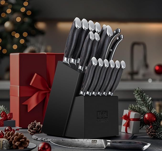 SHAN ZU 16 Pieces Knife Set, Knife Block Set in Powder Steel | Ultra Sharp Kitchen Knives Set, Japanese Knife Set with Ergonomic Pakkawood Handle, Chef Knife Set for Kitchen Cooking