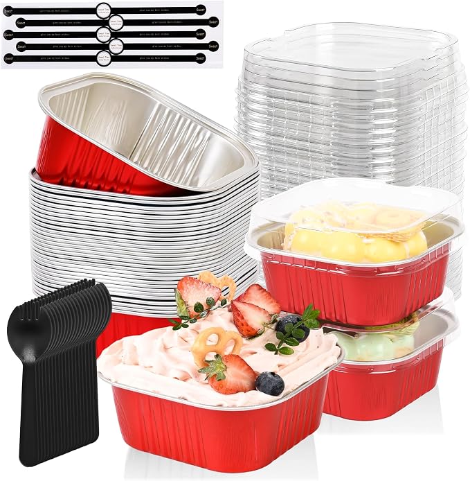 100 Pcs Mini Cake Pans with Lids, 10oz Square Aluminum Foil Brownie Baking Cups, Dessert Cupcake Cups with lids, Disposable Loaf Pans Cupcake for Wedding Birthday Party (Red)
