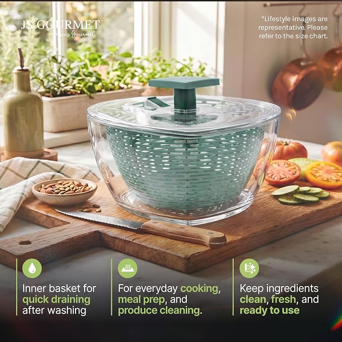 JS Gourmet Manual Salad Spinner with Strainer Basket - 5.68L (24 Cup) | BPA-Free Push Vegetable Spinner, Durable Kitchen Gadget, Easy Spin Dryer Bowl for Lettuce, Fruits & Greens