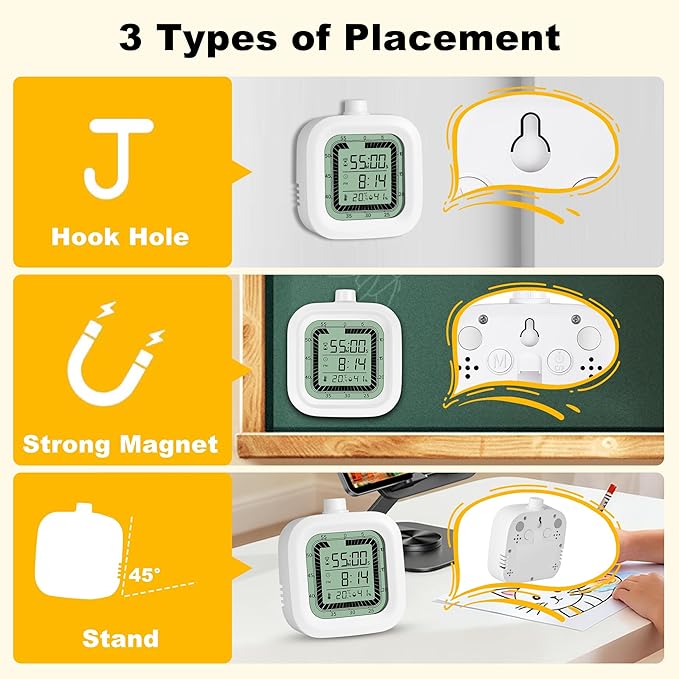 4 in 1 Visual Digital Visual Timer Battery Operation Alarm Clock with Humidity Temperature Monitor Magnetic Wall Mount Kitchen Study Timer for Classroom Office Bedroom Pink