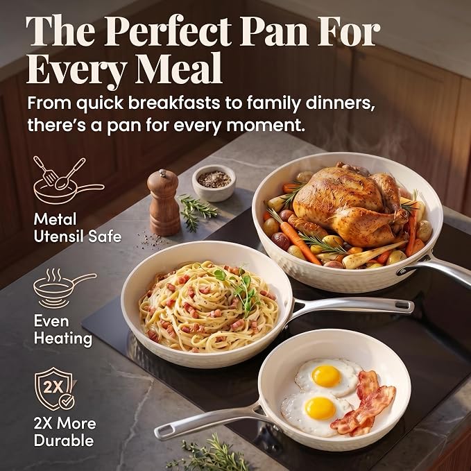 GOTHAM STEEL Hammered 3 Pc Nonstick Frying Pans Set, Navy Gold | 8, 10, 12" Fry Pans, Heavy Duty 3.0MM Gauge, Non Toxic PFOA/PFOS/PTFE Free, Induction Compatible, Oven & Dishwasher Safe