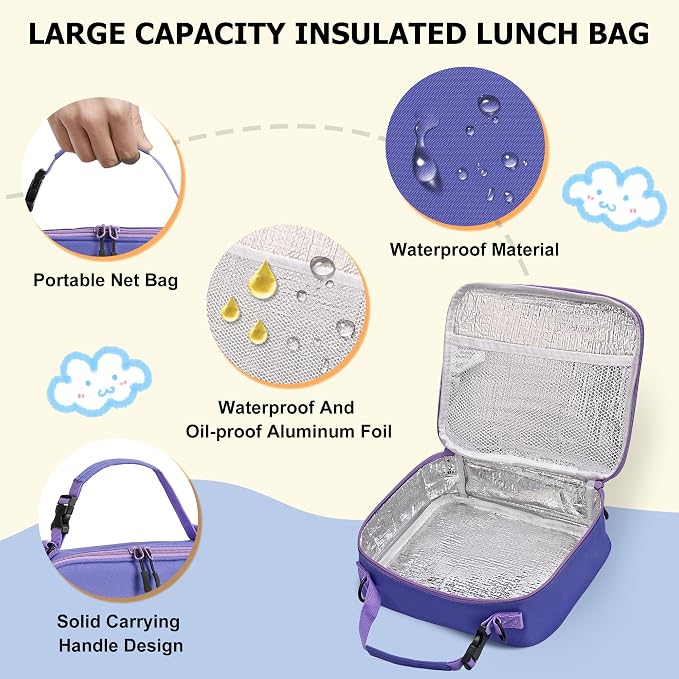 Bento Lunch Box for Kids with Thermo, Leakproof Bento Box with 8oz Insulated Food Jar, Insulated Bottle, Lunch Bag, BPA Free Dishwasher Safe 4 Compartment Container for School Girls Boys (Purple)