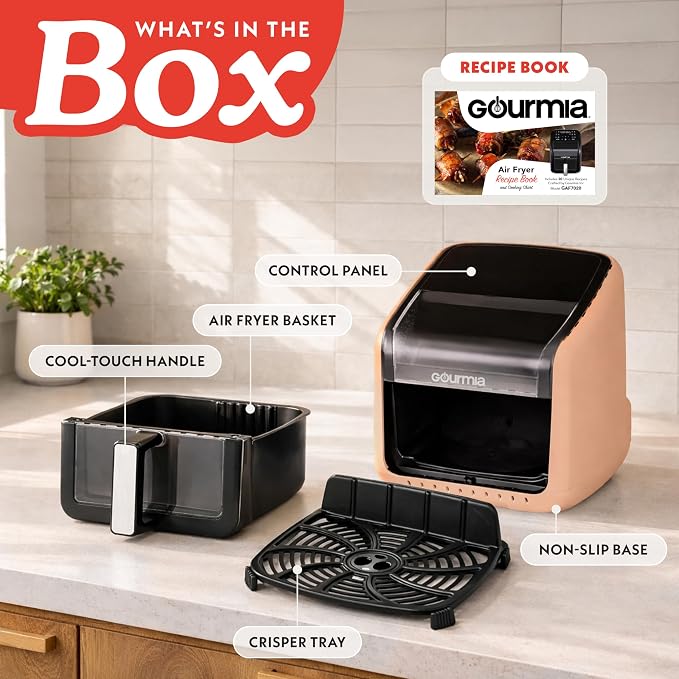 Gourmia Air Fryer 7 QT - Easy View Panorama Window & Interior Light, Guided Cooking with 12 One-Touch Presets, FryForce 360, Dishwasher Safe Accessories, Peach