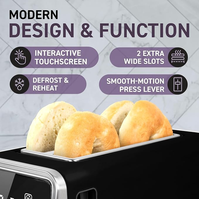 Inspirex Touch Screen Toaster - 4 Slice, 2 Extra Long Slots - 5 Bread Types and 6 Browning Levels - Defrost, Reheat, Favorite, & Single Slot Modes - For Toast, Bagels, & Waffles – Black