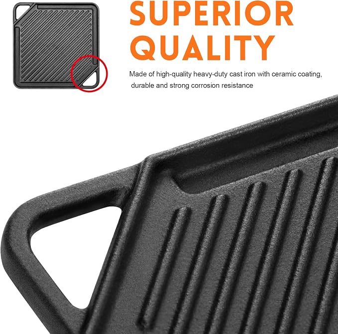 GGC Cast Iron Reversible Griddle | Double-sided Griddle Pan for Stove Tops and Gas Grills, 10"x 10" Square Baking Flat and Ribbed Griddle for Camping stoves