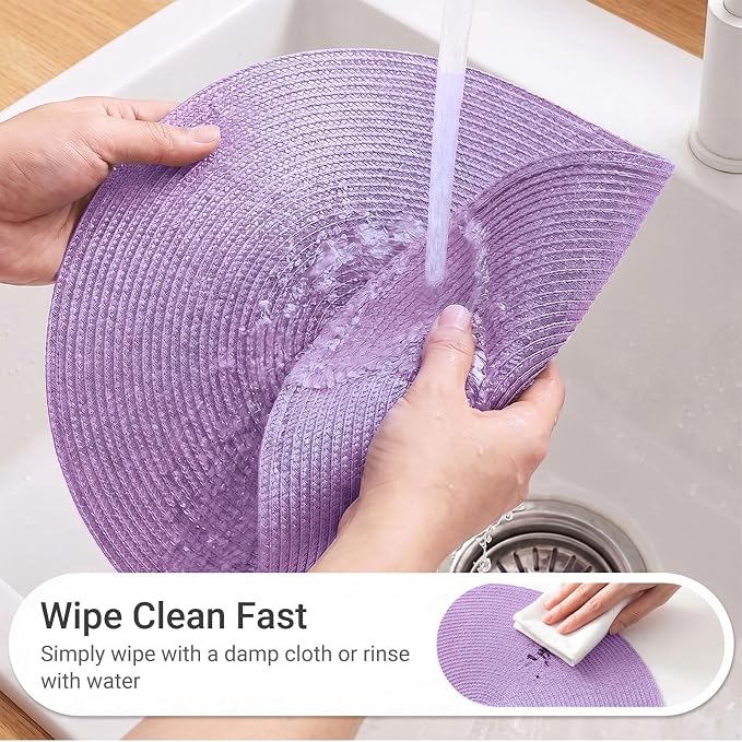 FunWheat Round Braided Placemats Set of 8 Table Mats for Dining Tables Woven Washable Non-Slip Place mats 15 inch(Lavender Purple,8pcs)