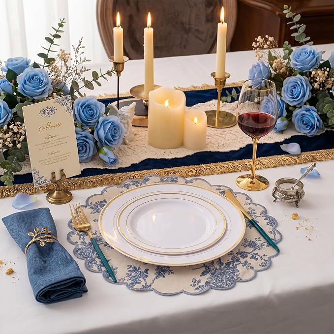 Set of 24 Blue Cotton Placemats 15" Round Scalloped Navy Blue | Double Layered Cotton Fabric, Washable Embroidery, Navy Blue Edge Edge, Rustic Table Mats for Wedding Dining Table Decor