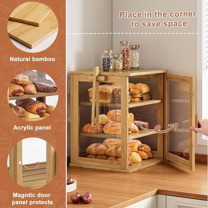 WOWLIVE Bread Box for Kitchen Countertop, 3 Layers Bread Storage Container | Large Bamboo Bread Bin for Homemade Bread with Window, Farmhouse Breadbox Organizer for Cabinet, Natural, Extra Large