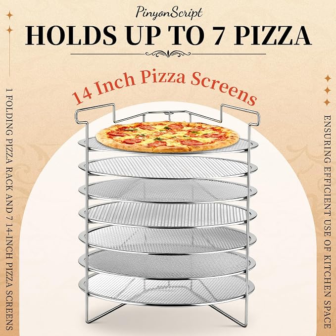 Honeydak 7-Slot Folding Pizza Pan Rack with 7 14-Inch Pizza Baking Screens for Compact Convenient and Easy Storage, Home Restaurant