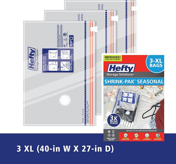 Hefty Shrink-Pak - 3 Extra Large Vacuum Storage Bags for Clothes, Pillows, Towels, or Blankets - Space Saver Vacuum Sealer Bags Ideal Under Bed Storage Solutions
