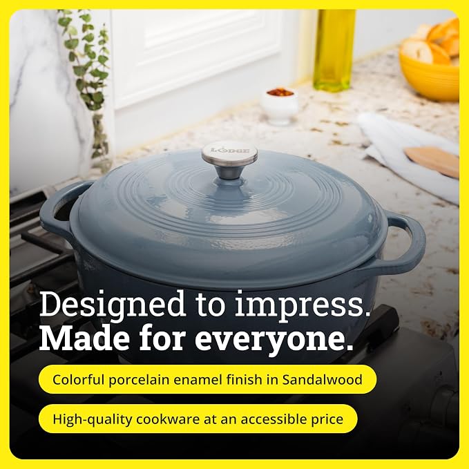 Lodge Essential Enamel Cast Iron Dutch Oven with Lid 7.5 Quart - Oven-Safe Enamel Cookware up to 500° F - Heat-Retaining Braising & Roasting Pot - Non-Toxic Cookware - Storm Blue