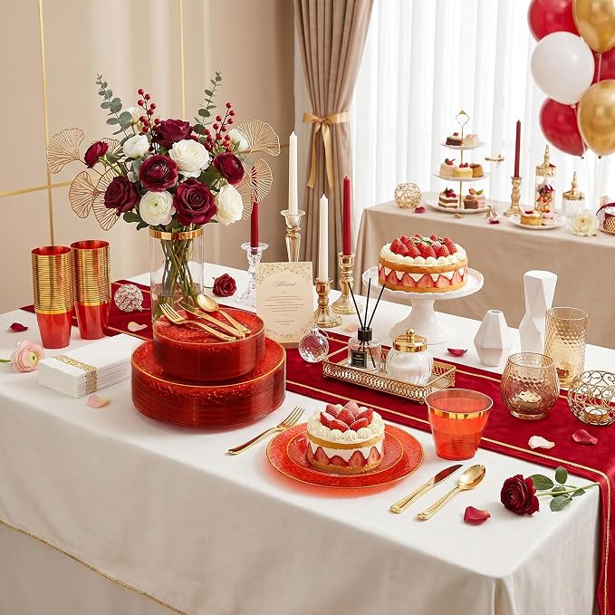 Rubtlamp 175 Pcs Plastic Dinnerware Set (25 Guests), Red And Gold Plastic Plates, Hammered Party Plates Set Include Dinner Plates, Dessert Plates, Cups, Cutlery Set And Napkins for Wedding And Party