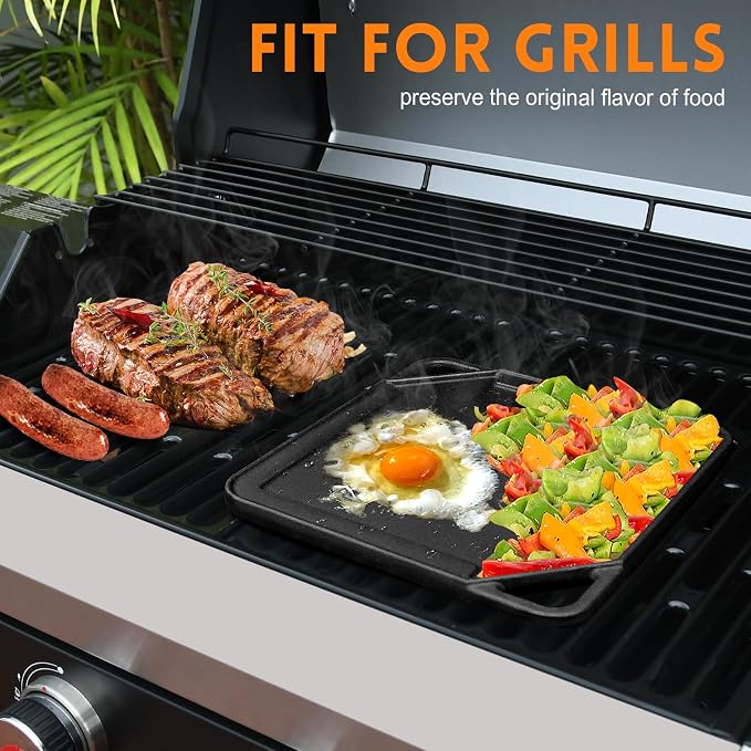 GGC Cast Iron Reversible Griddle | Double-sided Griddle Pan for Stove Tops and Gas Grills, 10"x 10" Square Baking Flat and Ribbed Griddle for Camping stoves