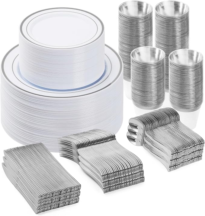 BESTVIP 450PCS Silver Dinnerware Set for 75 Guests, | Plastic Plates for Party, 75 Gold Disposable Plates, 75 Dessert Plates, 75 Cups, 75 Spoons, 75 Forks and 75 Knives