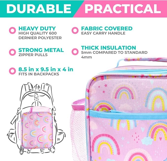 kinsho Kids Bento Lunch Box Set with Thermo, Bag & Ice Pack Purple Rainbow | 4 Compartment Container, Stainless Steel Food Jar for Hot Soup, Snacks, Daycare or School Lunches for Toddlers & Small Girls