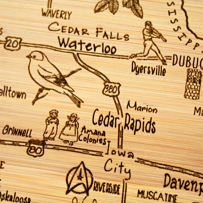 Totally Bamboo A Slice of Life Iowa Engraved Map Cutting Board | 11” x 8.75” charcuterie board with engraved state map artwork. Smooth reverse side for food prep. Hang tie for wall display.