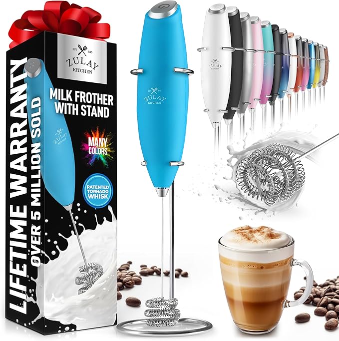 Zulay Powerful Milk Frother for Coffee with Upgraded Titanium Motor - Handheld Electric Whisk, Milk Foamer, Mini Mixer & Coffee Blender for Frappe, Latte, Matcha, No Stand - Pacific Blue