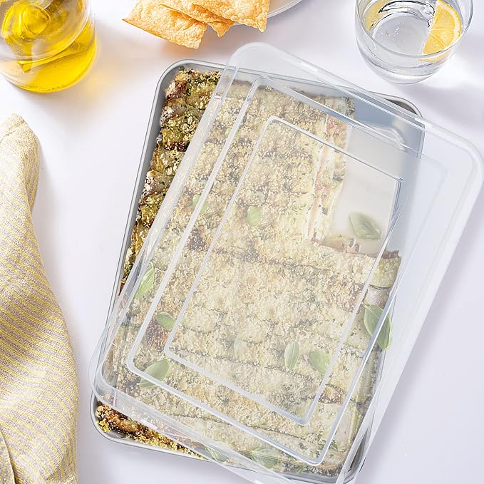 TeamFar Baking Pan with Lid, 12.5"x9.8" Rectangule Cake Pan- 1Pan + 1Lid | Stainless Steel Lasagna Pan with Cover for Cake Brownie Casseroles, Birthday Party Outdoor, Healthy, Oven & Dishwasher Safe