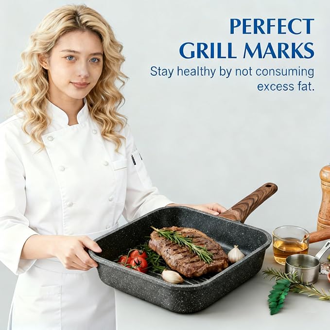 Simple Deluxe 3 Pieces Nonstick Grill Pan Set, Square Versatile Griddle Pans with Wooden Handle, Durable Skillet Indoor & Outdoor Use, All Stovetops Compatible(9.5", 10.2", 11"), PFOA Free, Black