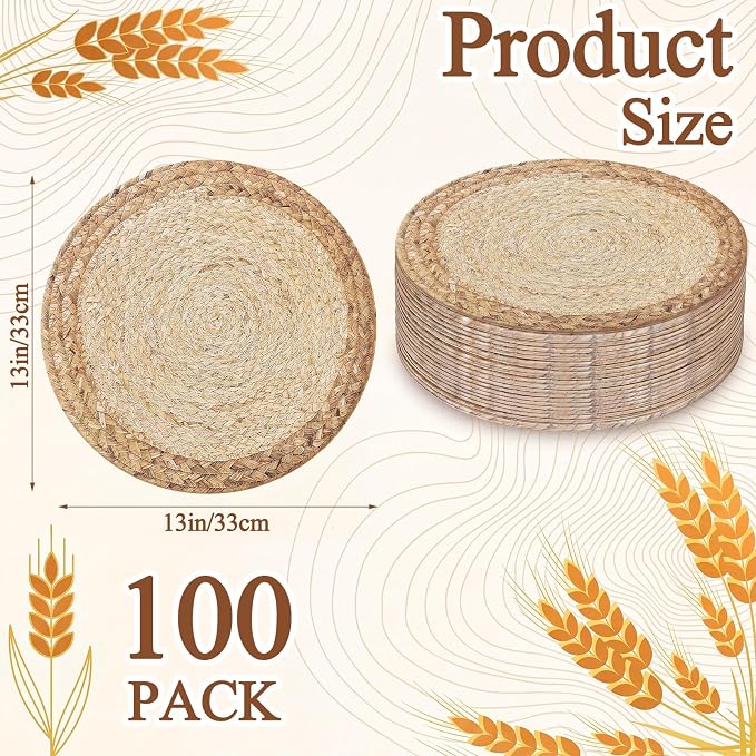 Sinmoe 100 Pcs Disposable Paper Placemats Bulk,Natural,Straw | Paper Charger Place Mat Party Charger Plates Table Place Mats for Dinner Wedding Birthday Baby Shower Spring Dining Tableware