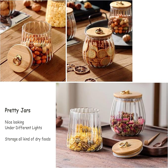 Glass Coffee Nuts Canister, Airtight Jar Bamboo Lid 23 FL OZ, Small Conical | Sealed Kitchen Storage Jar, 700ml Petal Ribs Design Decorative Candy Coffee Container, Gold Metal Handle, Easy to Grasp