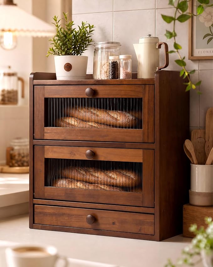Wooden Bread Storage Box with Acrylic Viewing Window, Double-Layered Large-Capacity for Kitchen Countertops, Cutlery Storage Box, Light Natual wood color