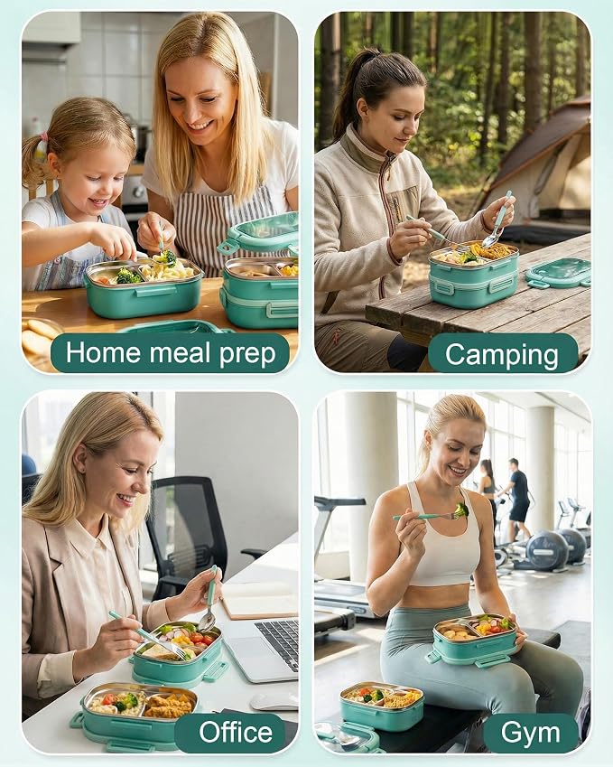 Lille Home Stackable Stainless Steel Bento Lunch Box + Insert Cutlery, 56oz | 2 Tier Leakproof Metal Lunch Boxes, 4-Compartment Food Containers for Work, Picnic, Meal Prep & Portion Control (Green)