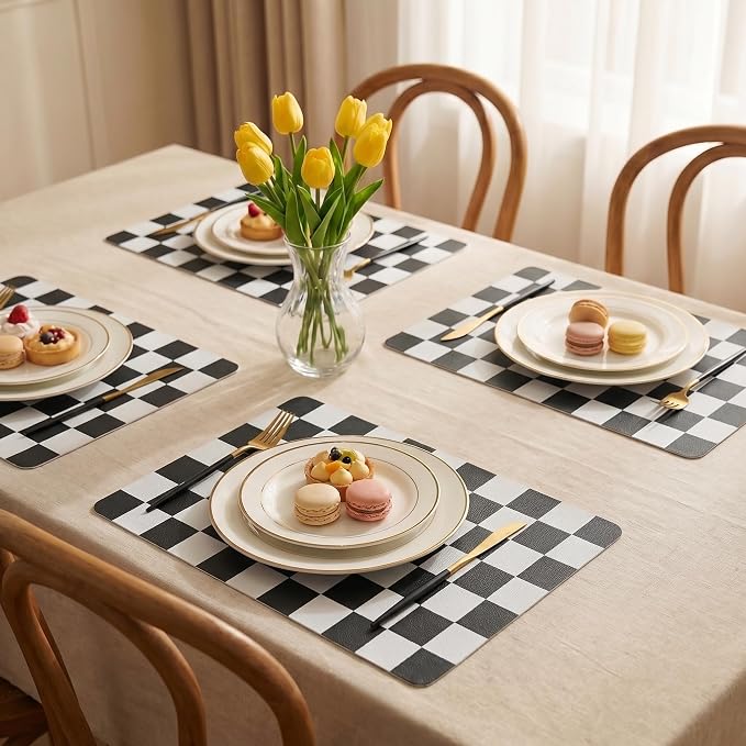 Set of 6 Checkerboard Non-Slip Washable Placemats for Dining Table | Waterproof & Heat-Resistant Faux Leather Mats | Easy Wipe Clean Tablemats for Indoor Dining, 17’’×12’’, Black