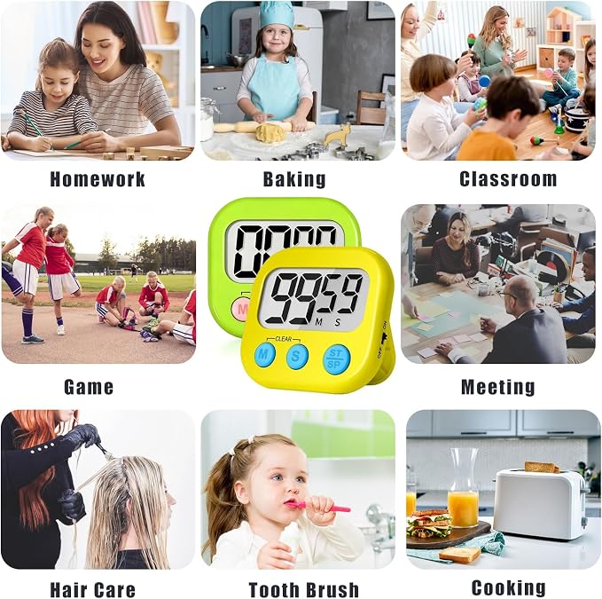 ZILLEEN Classroom Timer for Kids Teachers 2 Pack Digital Timers Green Ye | Strong Magnetic, Large Screen, Big Button, Teacher Classroom Must Haves Kitchen Timers for Cooking Egg Exercise Study