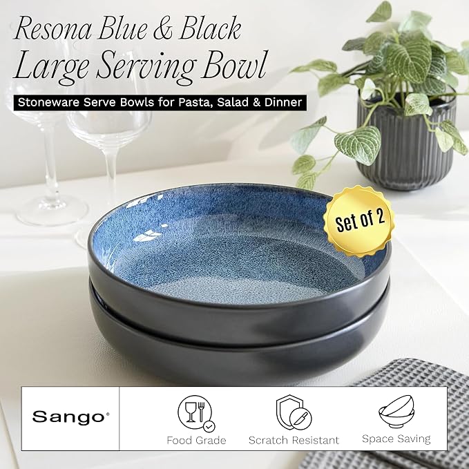 Sango Resona Blue & Black Large Serving Bowl (Set of 2), 64.25 oz, 10" Stoneware Bowls for Pasta, Salad & Dinner, Ceramic Bowls for Entertaining with Glossy Reactive Glaze, Dishwasher & Microwave Safe