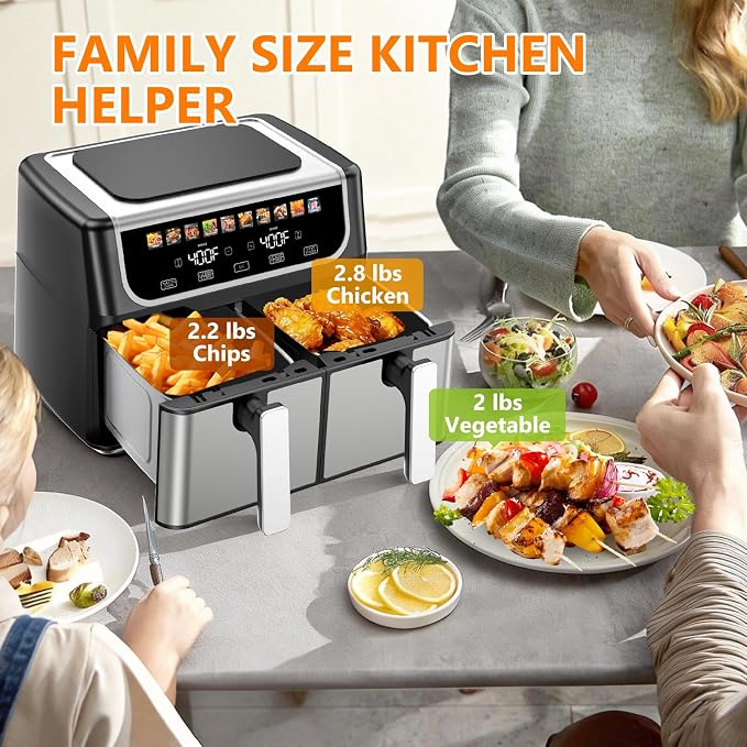 DUMOS 9.5 Quart Dual Basket Air Fryer, 10-in-1 Large Airfryer with Ceramic Crisper Plate, Sync Finish & Match Cook, Shake Reminder, Wide Temperature 80-450°F, Roast Bake Defrost Dehydrate, Black