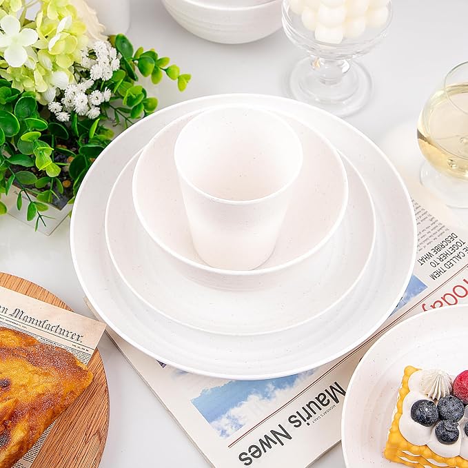 32pcs White Wheat Straw Dinnerware Set,Plates and Bowls Sets for 8 | Reusable Plastic Plates,White Plastic Dinnerware Set | Includes Disposable Plates bowls Cups for Camping,Picnic,Patio,Travel