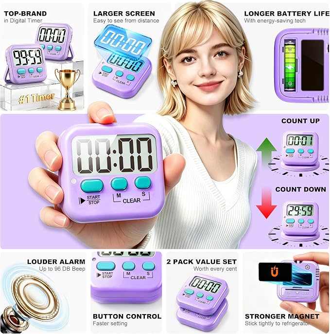 2 Pack Digital Timer for Kids Classroom Kitchen Timers for Cooking | w/ Battery, Easy to View, Alarm, Mute Mode, Count Down/Up, Magnetic, Kickstand, Hanging, Classroom Timer for Teacher Supplies