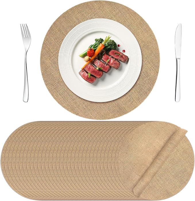 100 Pcs Round Burlap Placemats 11.8 Inch Bulk Burlap Reusable Placemats Circle Brown Table Mats Rustic Table Decorations for Dinner Wedding Farmhouse Table Decor