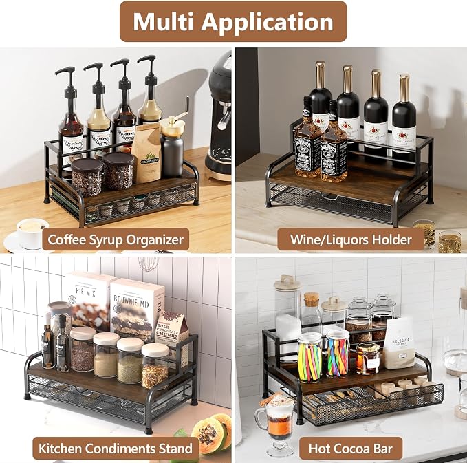 Coffee Syrup Rack Organizer, 3-Tier with 35 K-Cup Pod Holder Drawer | Black Metal Rack for 8 Syrup Bottles,Countertop Bottle Holder Stand for Wine,Space-Saving Design for Kitchen Cafe Station